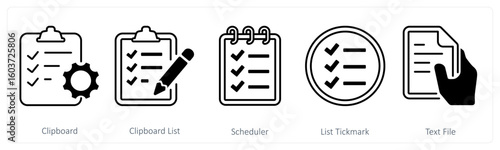 A set of 5 mix icons as clipboard, clipboard list, scheduler
