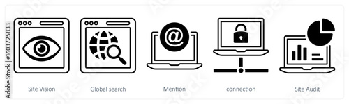 A set of 5 mix icons as site vision, global search, mention