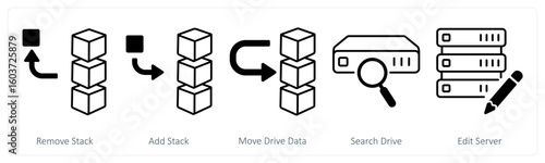 A set of 5 mix icons as remove stack, add stack, move drive data