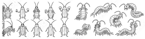 Cartoon insects engage in funny activities. Bugs, critters, pests, centipede, cockroach, humorous, animation, drawings.
