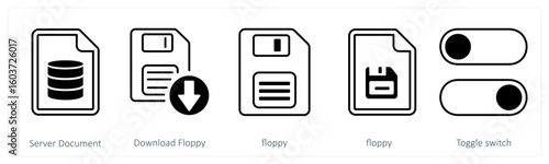 A set of 5 mix icons as server document, download floppy, floppy