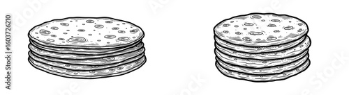 Stacks of tortillas sit on a white background. Mexican cuisine, staple food, flatbread, carbs.