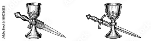 Etched goblets crossed with daggers, vintage design. Fantasy, medieval, tattoo, heraldic, vector.