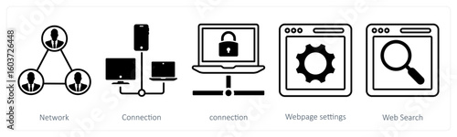 A set of 5 mix icons as network, connection, webpage settings