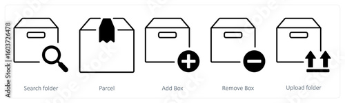 A set of 5 mix icons as search folder, parcel, add box