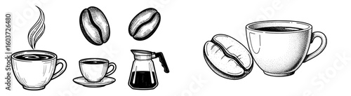 Coffee beans and cups illustrations isolated. Drink, cafe, caffeine, breakfast, art, sketch, aromatic, drawing, roasted, flavor, beverage, vintage, delicious, gourmet, design.
