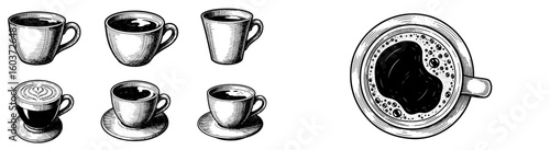 Coffee cups in various styles. Espresso, latte art, and top view. Caffeine beverage, cafe culture, drink, hot, morning.
