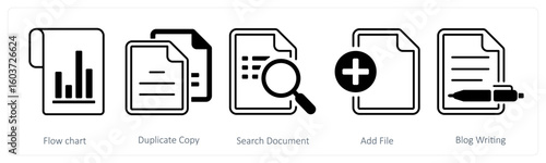 A set of 5 mix icons as flow chart, duplicate copy, search document
