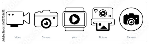 A set of 5 mix icons as video, camera, play