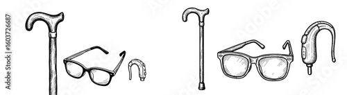 Accessibility aids arranged for vision, mobility, and hearing loss. Impairment assistance, cane, glasses, hearing aid, support devices, inclusivity.