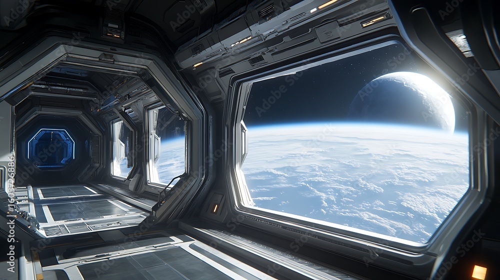 Naklejka premium Luxury Space Station Orbiting Earth with Futuristic Design and Lighting