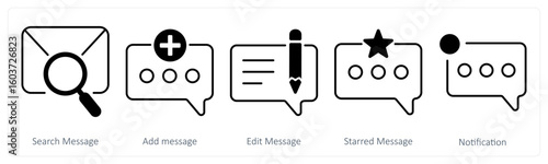 A set of 5 mix icons as search message, add message, edit message