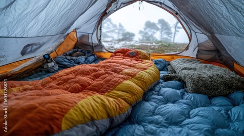 Interior of a tent with sleeping bag