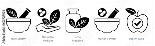 A set of 5 mix icons as naturopathy, alternative medicine, herbal medicine