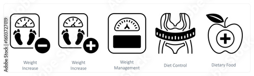 A set of 5 mix icons as weight loss, weight increase, weight management