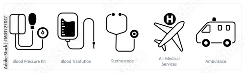 A set of 5 mix icons as blood pressure kit, blood transfusion, stethoscope
