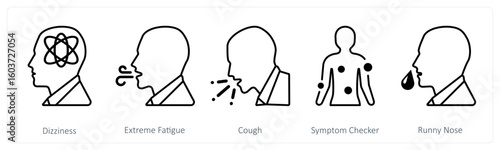 A set of 5 mix icons as dizziness, extreme fatigue, cough