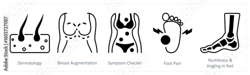 A set of 5 mix icons as dermatology, breast augmentation, symptom checker