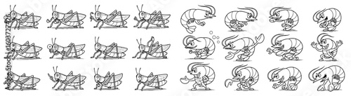 Cartoon grasshoppers and shrimps pose. Funny insects, seafood, whimsical, characters, creatures, outlined