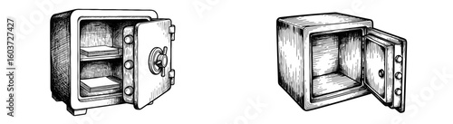 Illustration of two open safes, one with documents. Vault, secure, security, money, treasure, antique, vintage, storage, retro, banking, finance, investment, protection