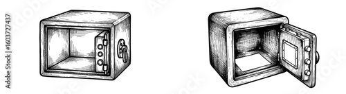 Two safes, one open, one closed. Security, protection, vault, banking, investment, financial, confidential, wealth, money, economy, finance, strongbox