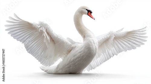 Fototapeta Naklejka Na Ścianę i Meble -  Graceful white swan with open wings and elegant posture isolated against white background highlighting beauty, purity, and wildlife detail, Generative AI