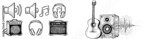 Musical instrument sketches, acoustic guitar, speakers and equipment.  Music, sound, audio, concert, studio, musician, entertainment