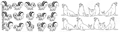 Skunks and seals in a fun pattern. Animal pattern, playful design, cute illustration, nature theme, whimsical art, cartoon, repeat, background, surface design