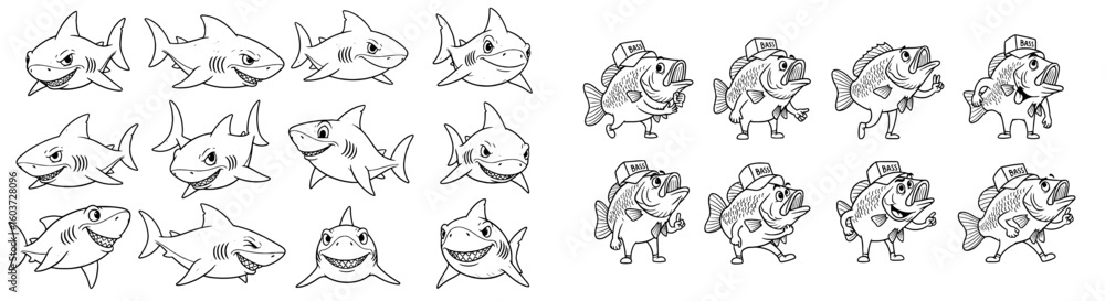 Fototapeta premium Cartoons of sharks and bass wearing caps, expressing different emotions. Sea life, animals, fish, swimming, nature, humor, aquatic, creatures, happy, angry, funny