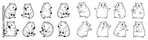 Cartoon wombat and hamster animal character set. Wildlife, rodent, mammal, cute, kawaii, drawing, illustration, animation, cartoon, graphic, sketch, line art