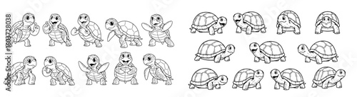 Cute turtles pose in various stances. Cartoon animals, character design, cheerful, playful, wildlife, aquarium, reptile