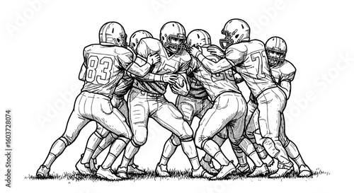 Football players in scrimmage, line of scrimmage action. Team sports, athletics, competition, blocking, offense, defense, physical activity, teamwork, skill, collision.
