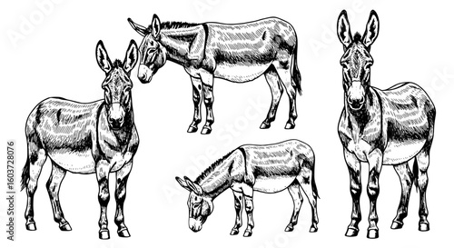 Donkey herd standing in various poses. Farm animals, wildlife, equine, mammals, nature, wildlife, rural, livestock, ranch, countryside, farm