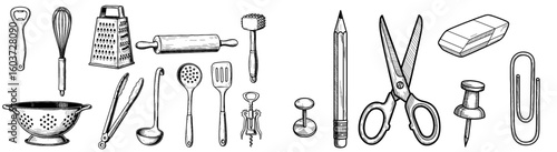 Kitchen and office utensils. Hand-drawn items, cooking tools, office supplies, sketch illustration, bottle opener, whisk, grater, rolling pin, meat tenderizer.
