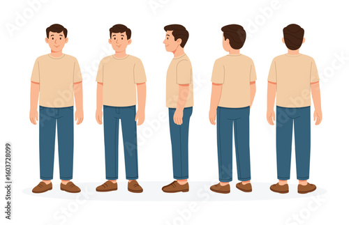 Cartoon Casual Male Character Turnaround Sheet | Cartoon Man Views: Front, 1/3 Front, Side, 1/3 Back, Back | Vector Illustration for Animation & Design