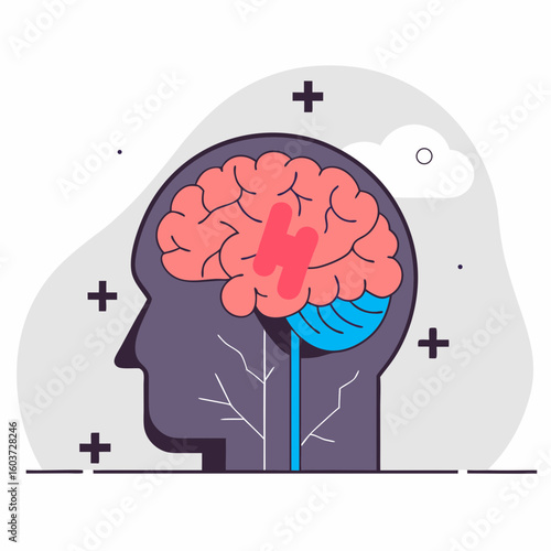 Illustration of brain stroke inside human head profile
