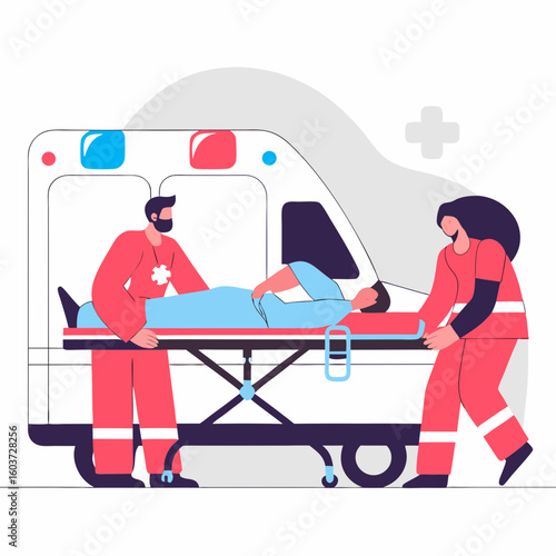 Two paramedics loading patient into ambulance on stretcher