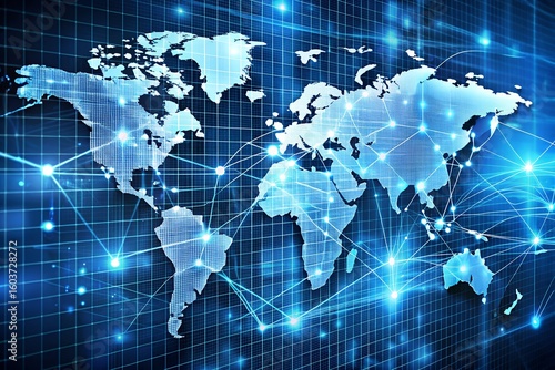 Photo of blue digital world map with network connections