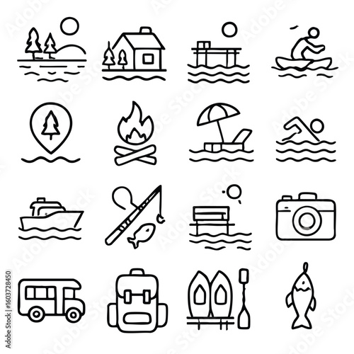 Collection of outline style icons representing various outdoor leisure activities, including camping, boating, fishing, swimming, and enjoying nature's beauty in a serene environment.