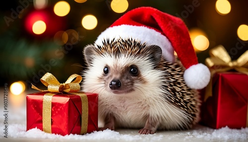 Adorable hedgehog wearing a Santa Claus hat, surrounded by Christmas gifts and festive bokeh lights, embodies holiday spirit