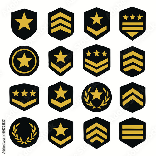 A set of vector illustrations showcases various military rank insignia in gold and black, symbolizing authority, hierarchy, and service, presented on a clean white background.