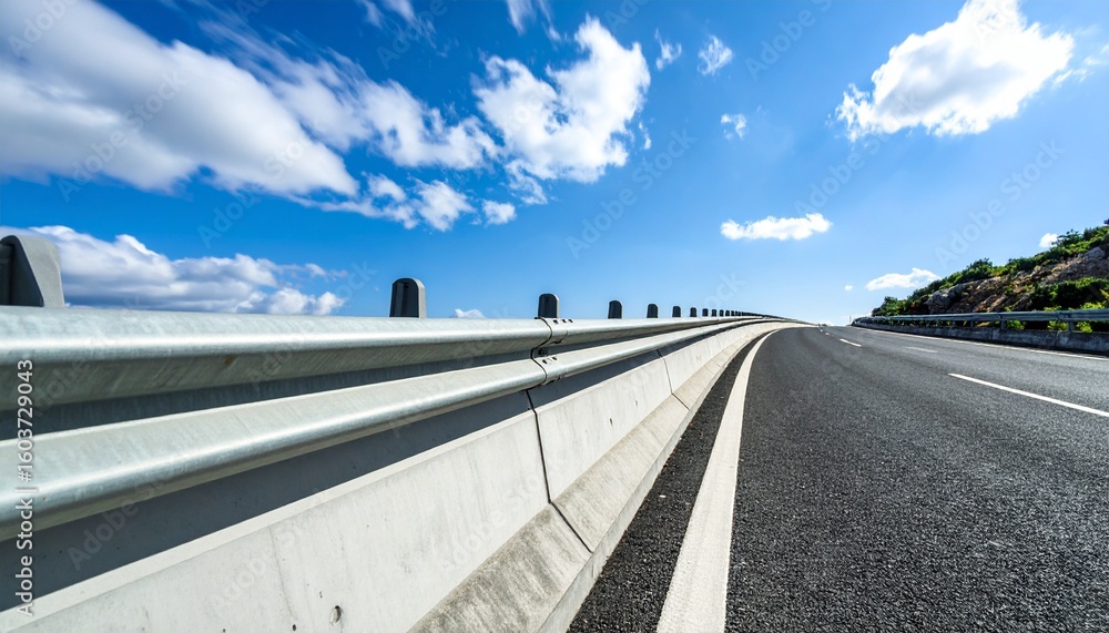 Fototapeta premium Concrete Barrier Wall Along Highway Under Blue Sky with Motion Blur Clouds