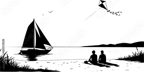 a black and white drawing of a beach scene with two people, a kite, and a sailboat