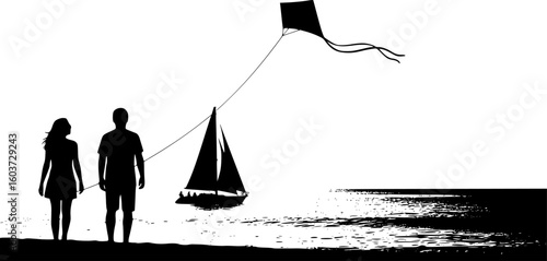 a black and white drawing of a beach scene with two people, a kite, and a sailboat