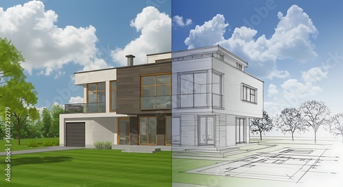 Fototapeta Naklejka Na Ścianę i Meble -  Modern house design split between realistic rendering and architectural sketch