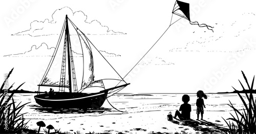 a black and white drawing of a beach scene with two people, a kite, and a sailboat