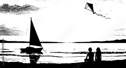 a black and white drawing of a beach scene with two people, a kite, and a sailboat