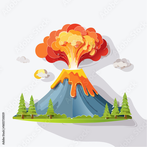 paper craft style vector illustration of erupt volcano