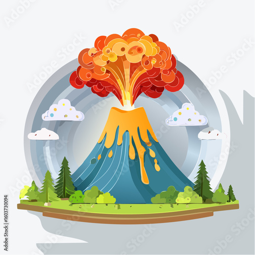 paper craft style vector illustration of erupt volcano