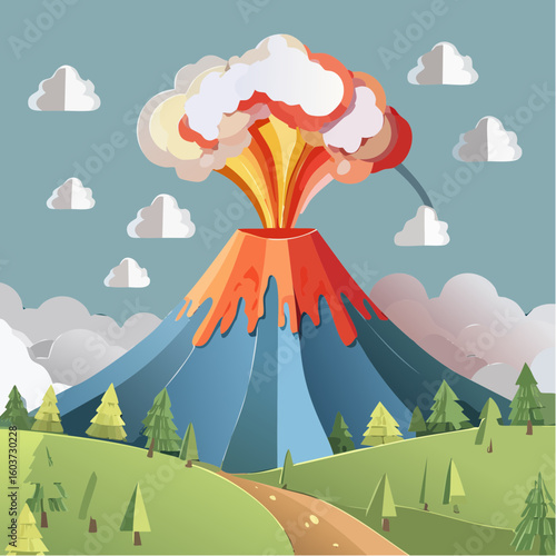 paper craft style vector illustration of erupt volcano